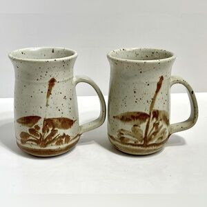 Vintage Large Speckled Rustic Stoneware Pottery 16 Oz Coffee/Tea Mugs Set Of 2